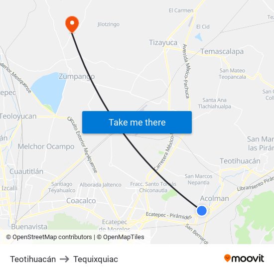 Teotihuacán to Tequixquiac map