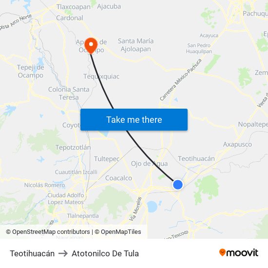 Teotihuacán to Atotonilco De Tula map