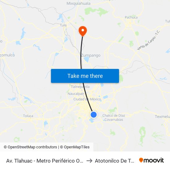 Av. Tlahuac - Metro Periférico Ote. to Atotonilco De Tula map