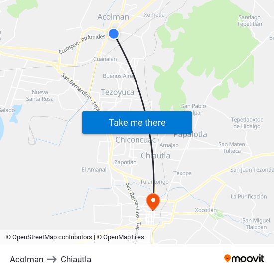 Acolman to Chiautla map