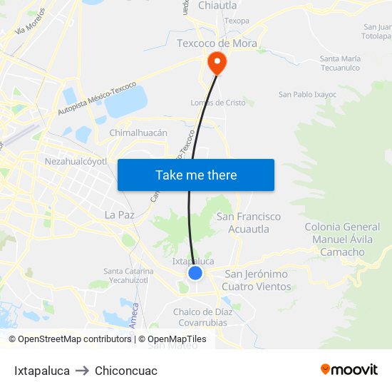 Ixtapaluca to Chiconcuac map