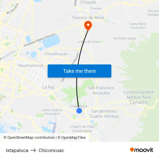 Ixtapaluca to Chiconcuac map
