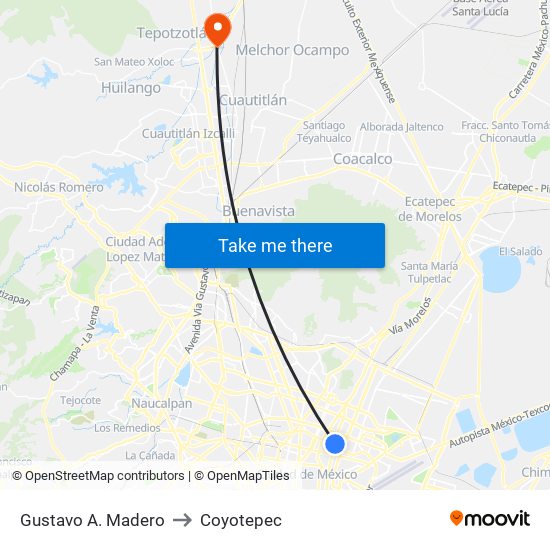 Gustavo A. Madero to Coyotepec map