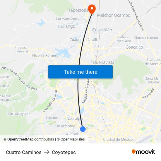Cuatro Caminos to Coyotepec map
