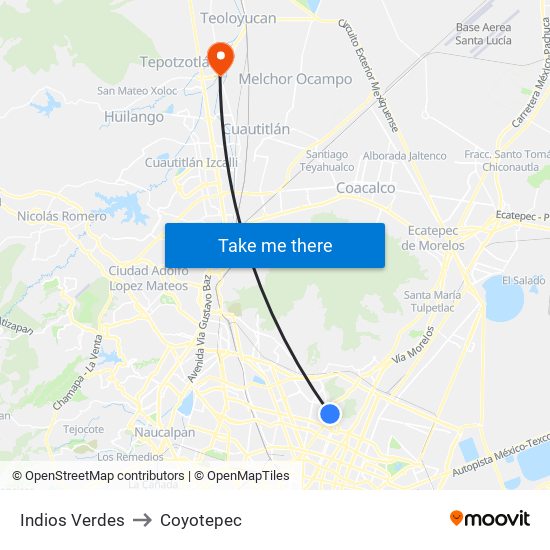 Indios Verdes to Coyotepec map