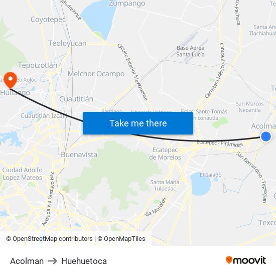 Acolman to Huehuetoca map