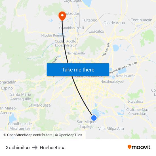 Xochimilco to Huehuetoca map