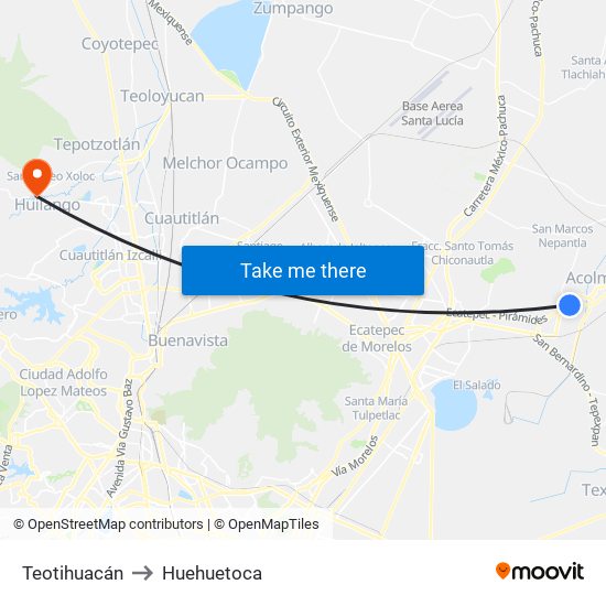 Teotihuacán to Huehuetoca map