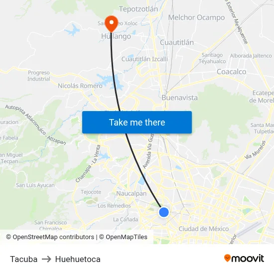 Tacuba to Huehuetoca map