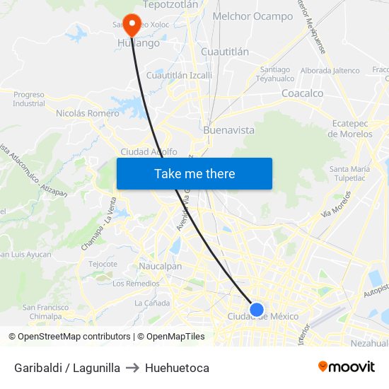 Garibaldi / Lagunilla to Huehuetoca map