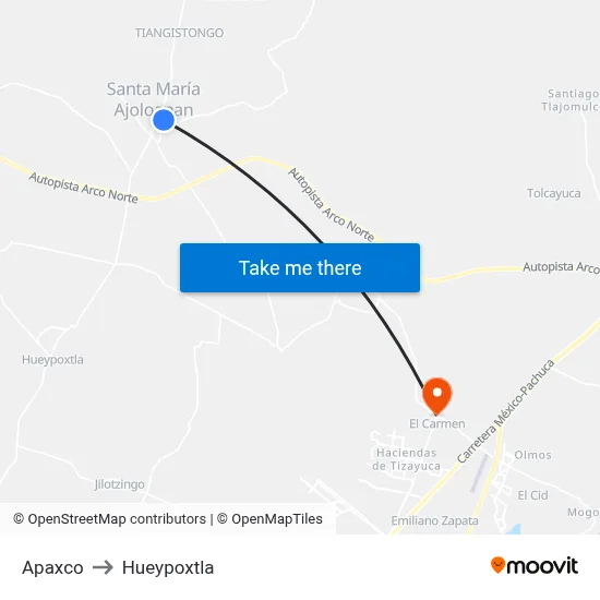 Apaxco to Hueypoxtla map