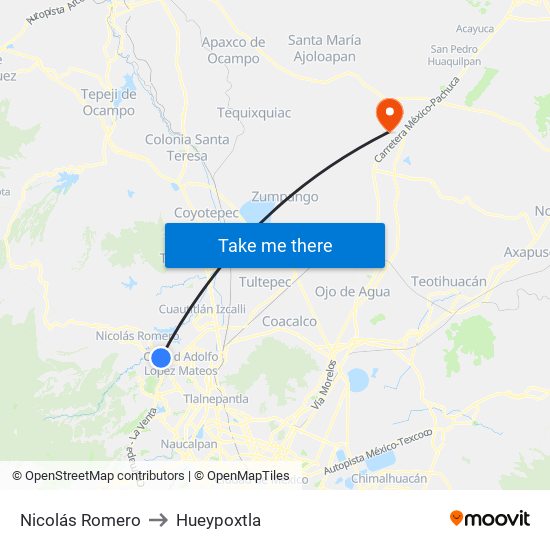 Nicolás Romero to Hueypoxtla map