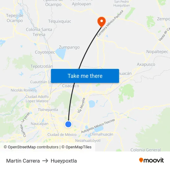 Martín Carrera to Hueypoxtla map