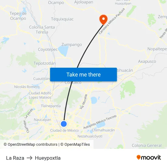 La Raza to Hueypoxtla map