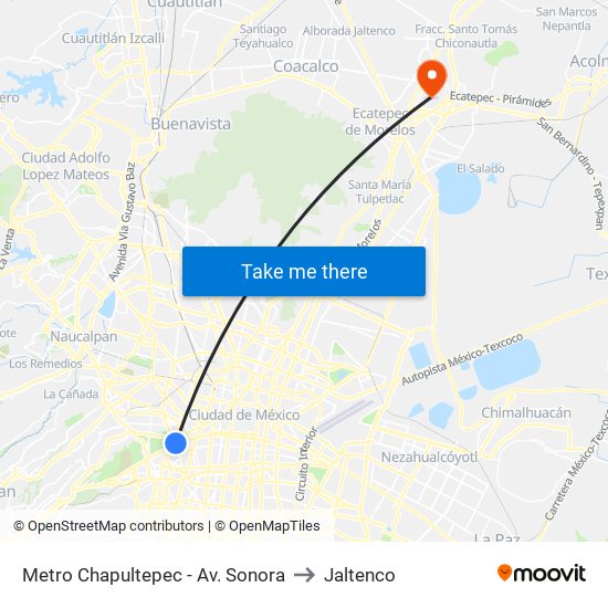 Metro Chapultepec - Av. Sonora to Jaltenco map