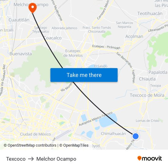 Texcoco to Melchor Ocampo map