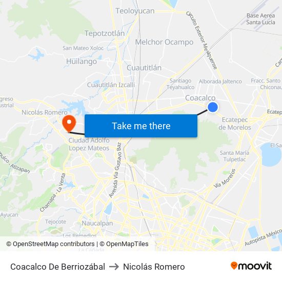 Coacalco De Berriozábal to Nicolás Romero map