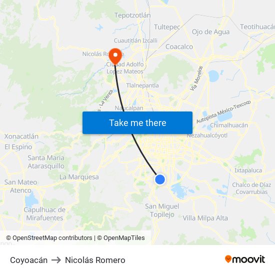 Coyoacán to Nicolás Romero map