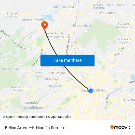 Bellas Artes to Nicolás Romero map