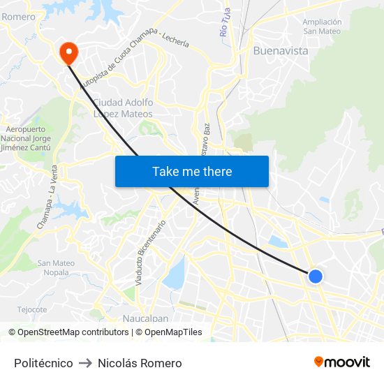 Politécnico to Nicolás Romero map