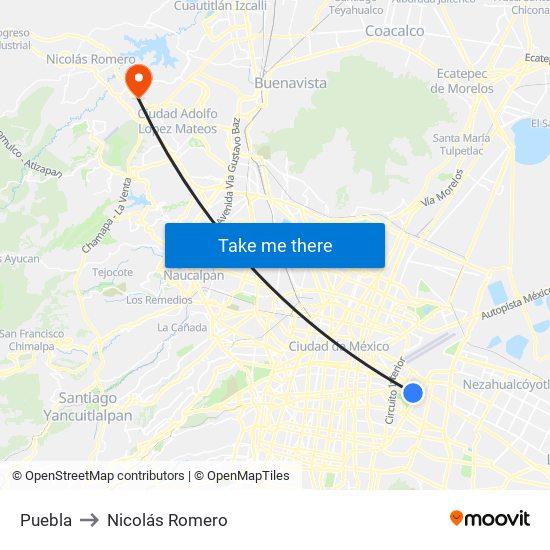 Puebla to Nicolás Romero map