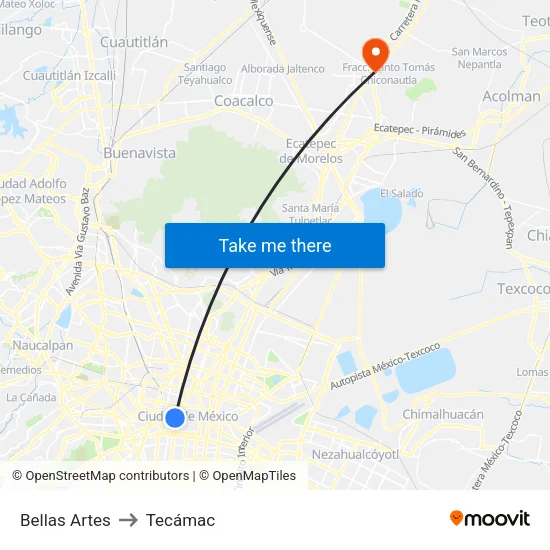 Bellas Artes to Tecámac map