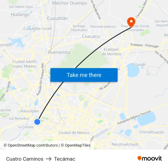 Cuatro Caminos to Tecámac map