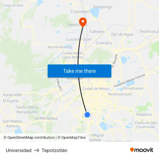 Universidad to Tepotzotlán map
