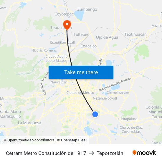 Cetram Metro Constitución de 1917 to Tepotzotlán map