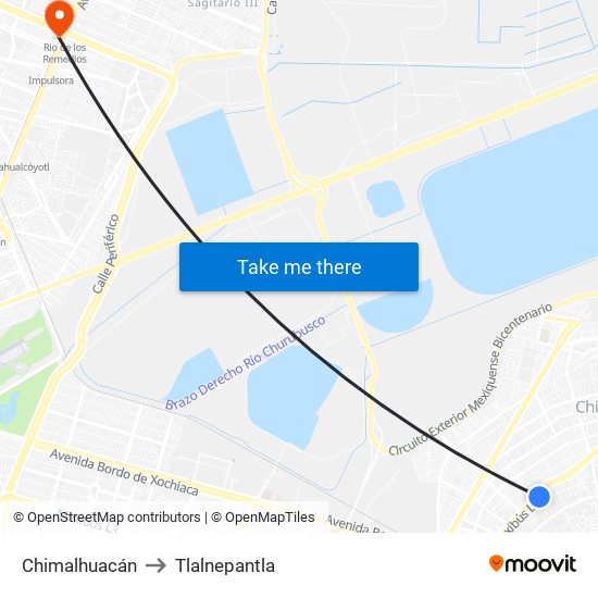 Chimalhuacán to Tlalnepantla map