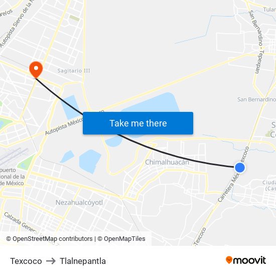 Texcoco to Tlalnepantla map