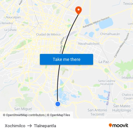 Xochimilco to Tlalnepantla map