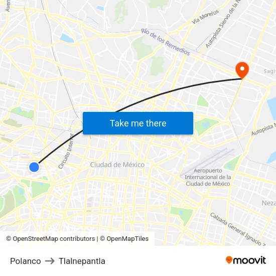 Polanco to Tlalnepantla map
