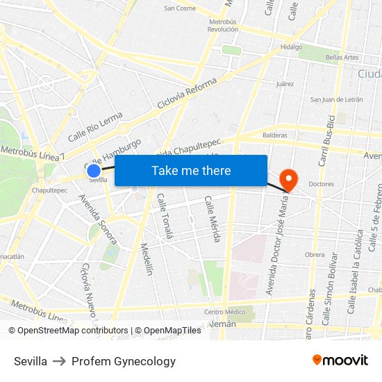 Sevilla to Profem Gynecology map