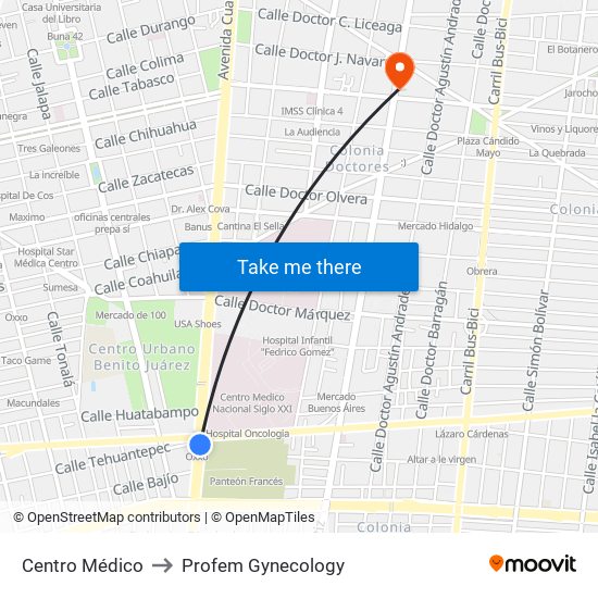 Centro Médico to Profem Gynecology map