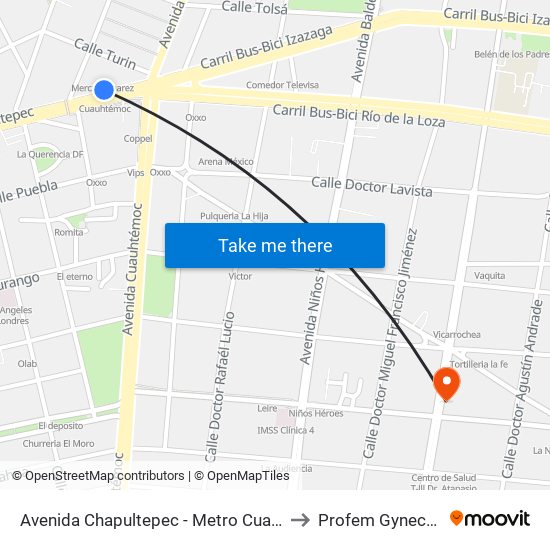 Avenida Chapultepec - Metro Cuauhtémoc to Profem Gynecology map