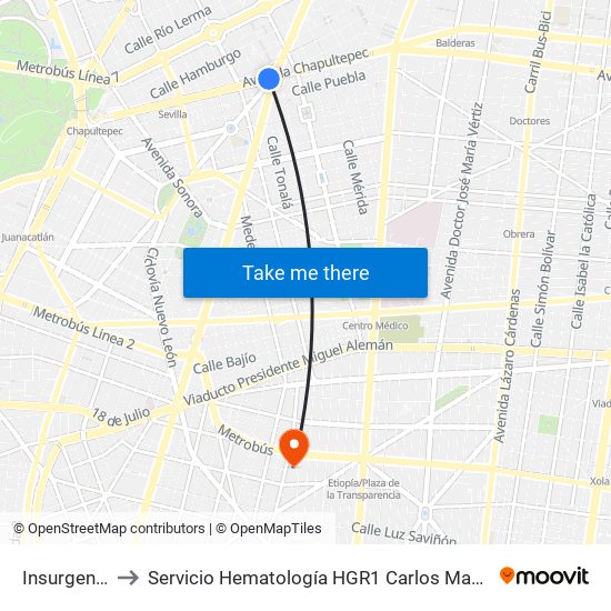 Insurgentes to Servicio Hematología HGR1 Carlos Mac Gregor map