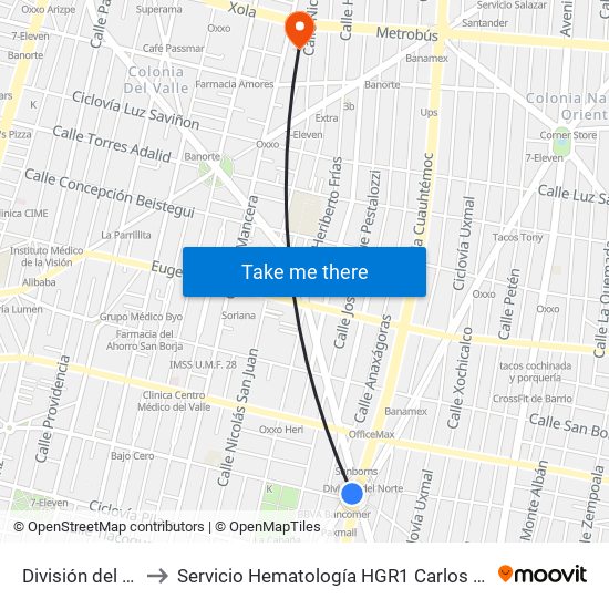 División del Norte to Servicio Hematología HGR1 Carlos Mac Gregor map