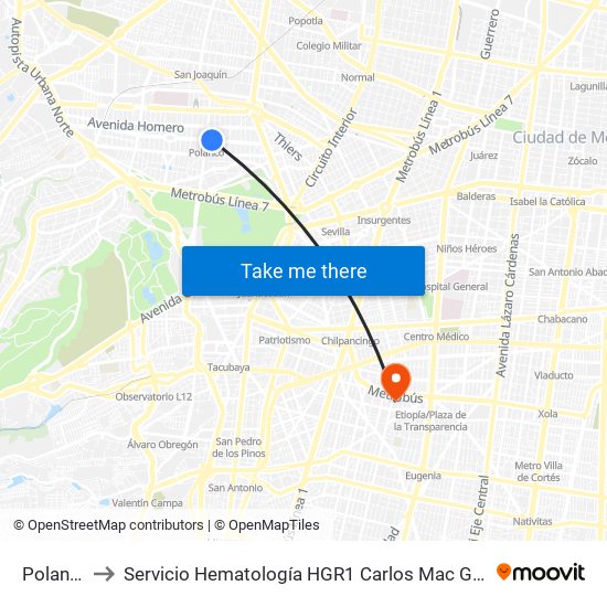 Polanco to Servicio Hematología HGR1 Carlos Mac Gregor map