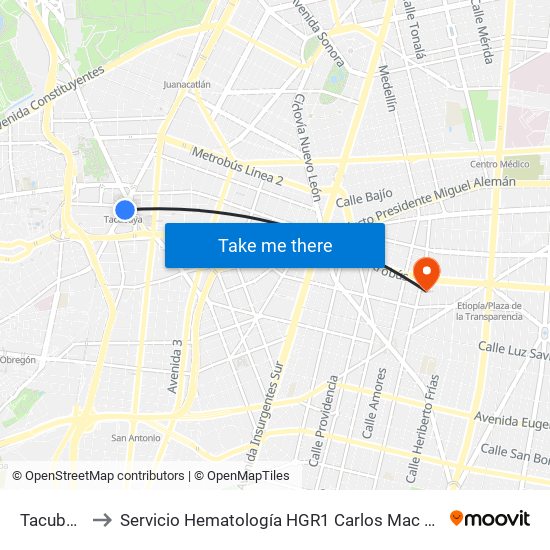 Tacubaya to Servicio Hematología HGR1 Carlos Mac Gregor map