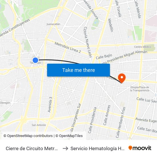 Cierre de Circuito Metro Tacubaya (Cartagena) to Servicio Hematología HGR1 Carlos Mac Gregor map
