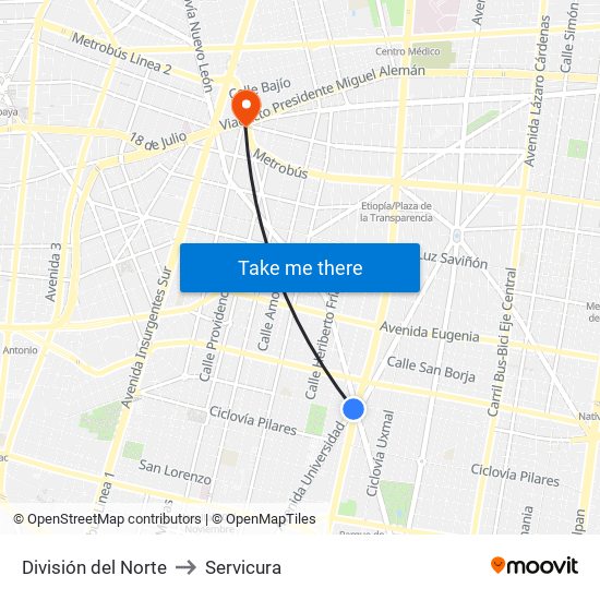División del Norte to Servicura map