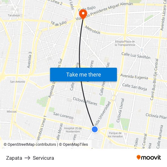 Zapata to Servicura map