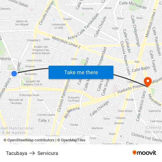 Tacubaya to Servicura map