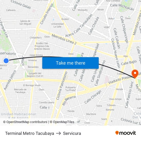 Terminal Metro Tacubaya to Servicura map