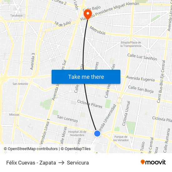 Félix Cuevas - Zapata to Servicura map