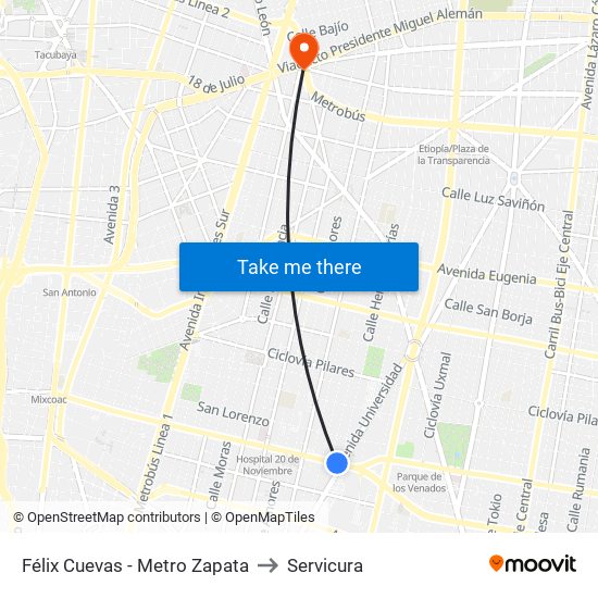 Félix Cuevas - Metro Zapata to Servicura map