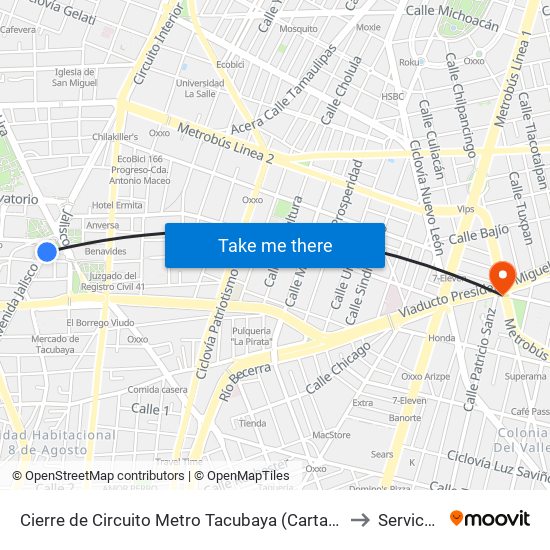 Cierre de Circuito Metro Tacubaya (Cartagena) to Servicura map