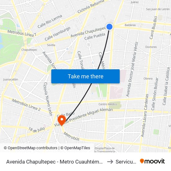 Avenida Chapultepec - Metro Cuauhtémoc to Servicura map