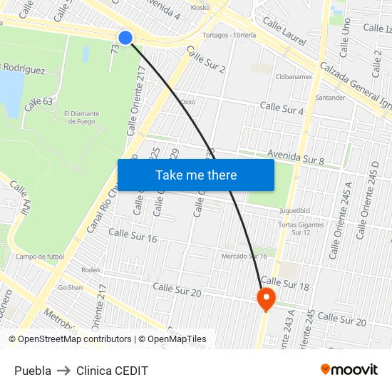 Puebla to Clinica CEDIT map
